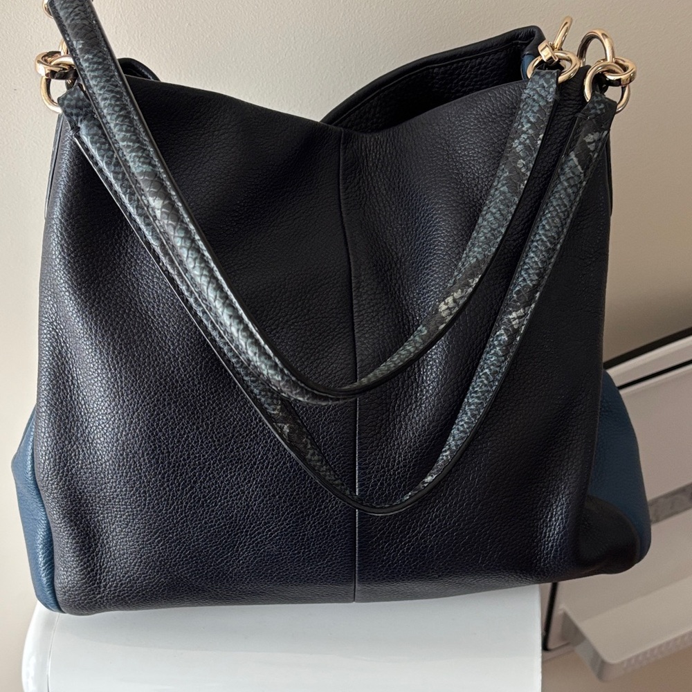Navy Coach Leather Shoulder Bag with Snake-Print Straps